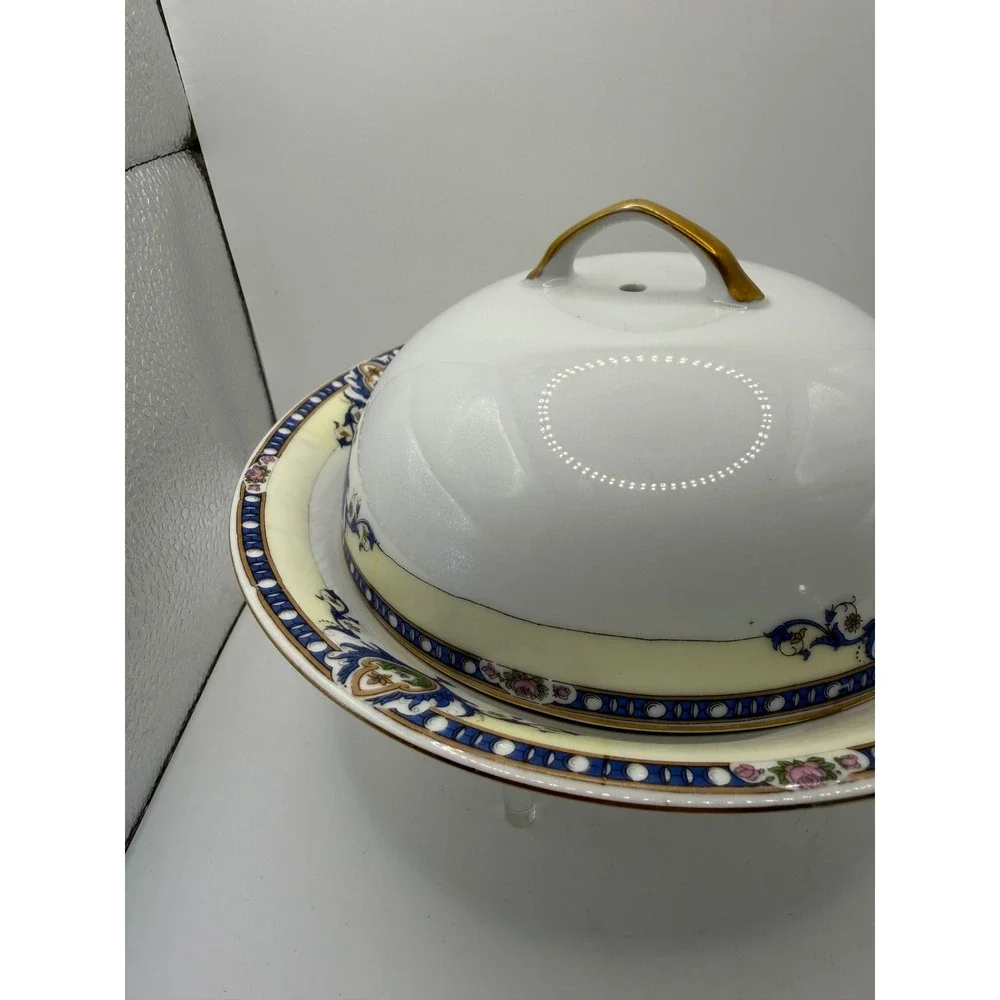 Victoria‎ Czecho-Slovakia Porcelain Covered Butter Dish Blue Cream Floral Gold